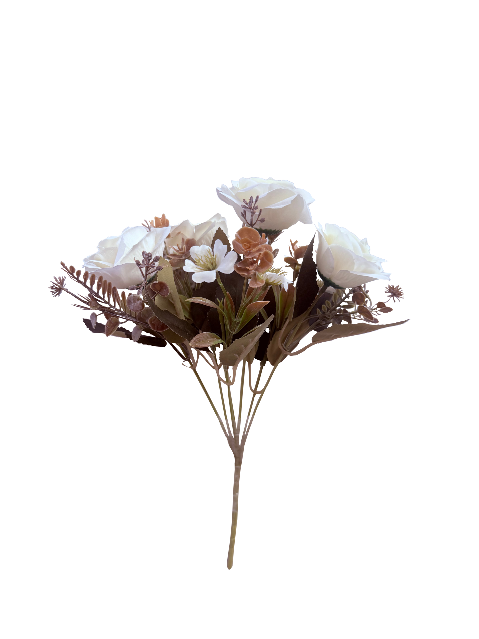 Ramo de Flores Artificiales de Rosas Silvestres y Peonías – Blanco Puro y Follaje Tostado Vintage