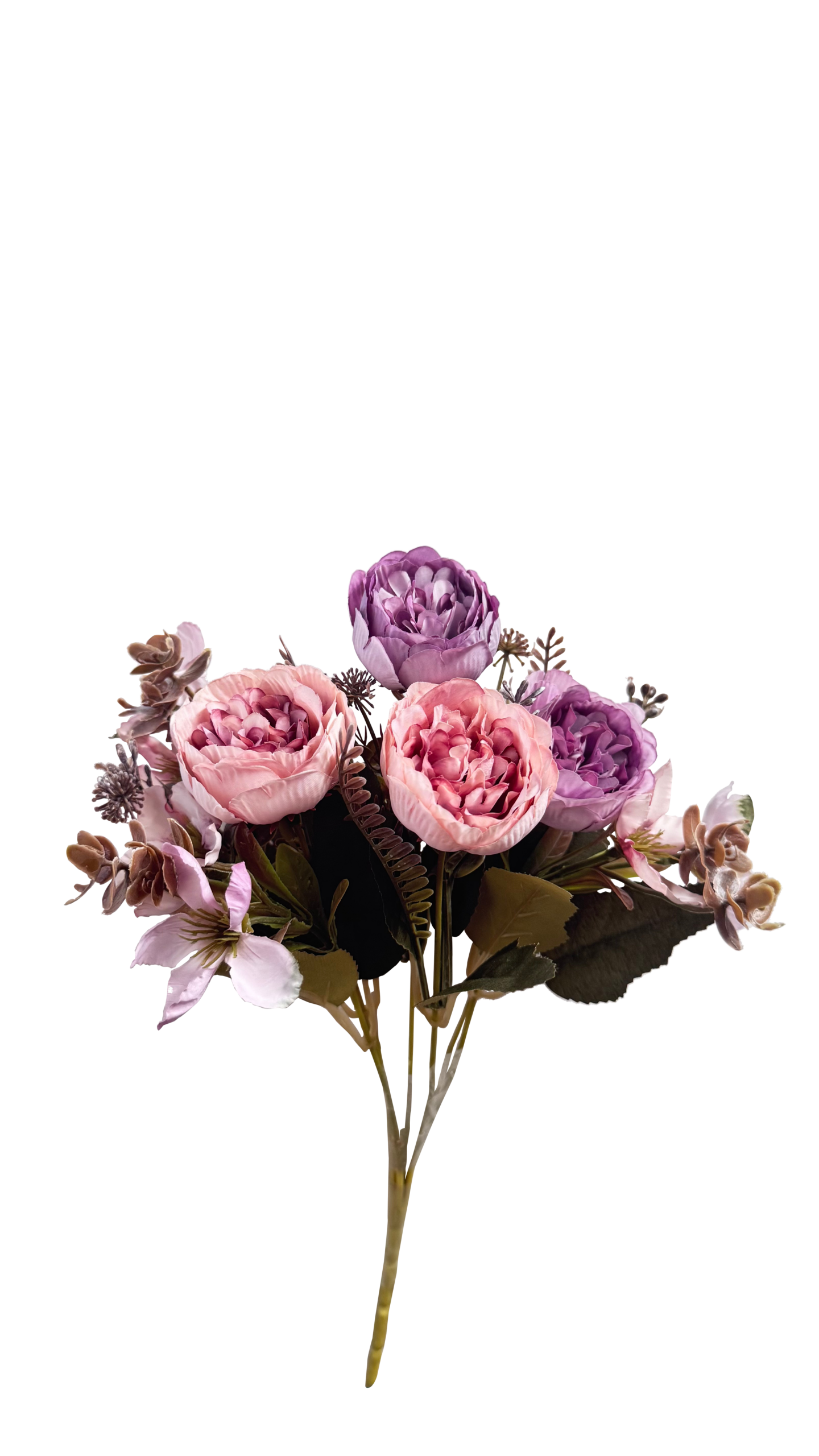 Ramo de Flores Artificiales de Peonías y Rosas – Tonos Malva, Rosa Viejo y Violeta Vintage