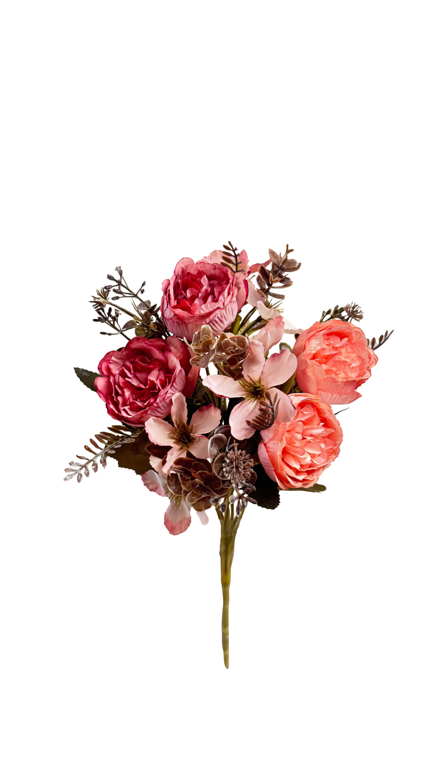 Ramo de Flores Artificiales de Peonías y Rosas – Tonos Coral, Fucsia y Rosa Intenso Vintage