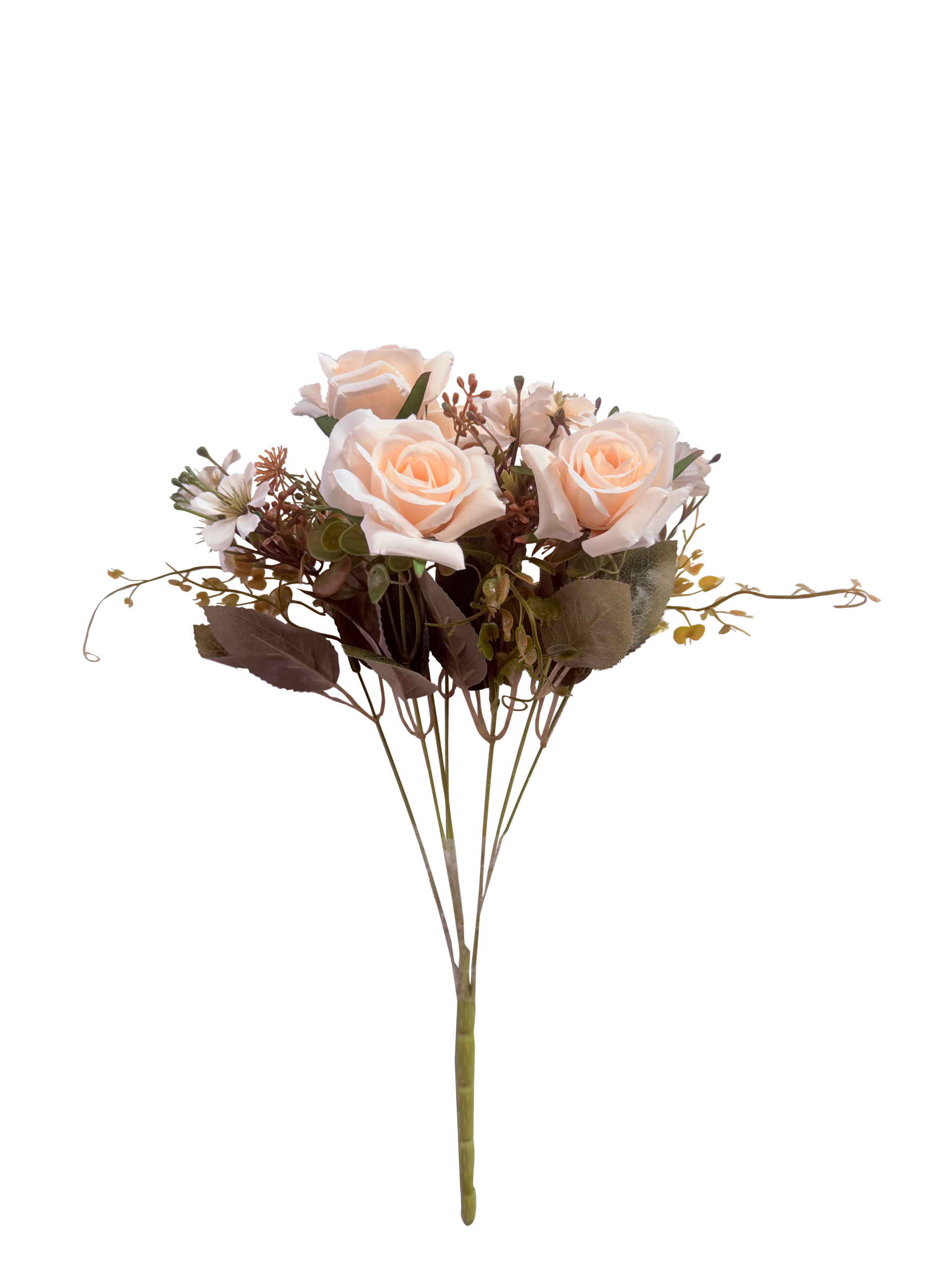 Ramo de Flores Artificiales de Rosas Silvestres y Margaritas – Blanco Crema y Follaje Tostado