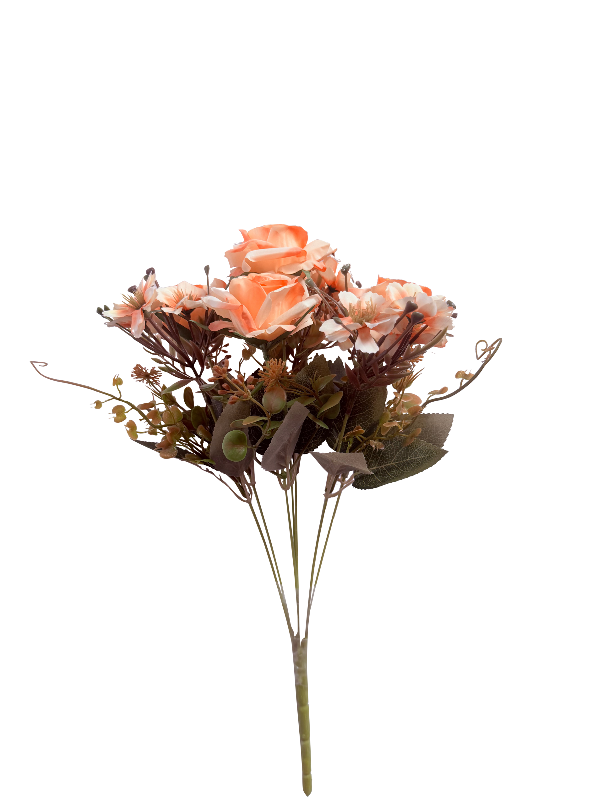 Ramo de Flores Artificiales de Rosas y Margaritas Silvestres – Salmón Encendido y Follaje Otoñal