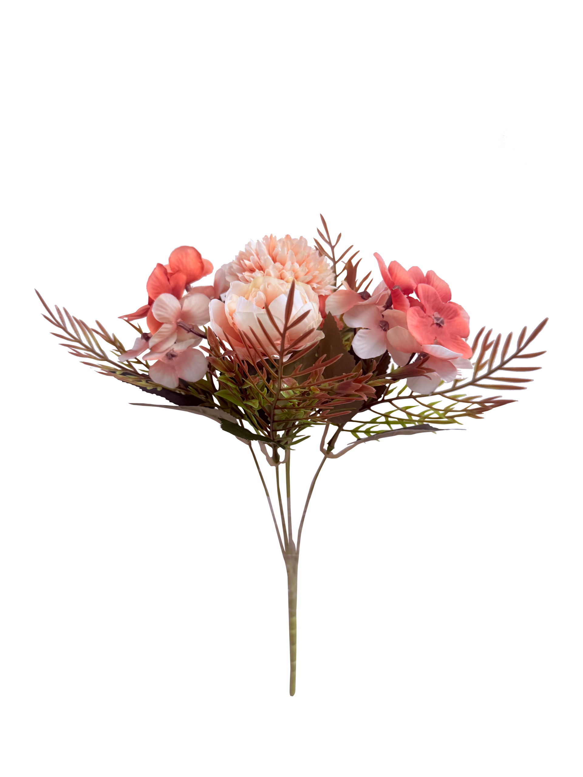 Ramo de Flores Artificiales de Crisantemos y Hortensias – Tonos Salmón, Coral y Follaje Otoñal