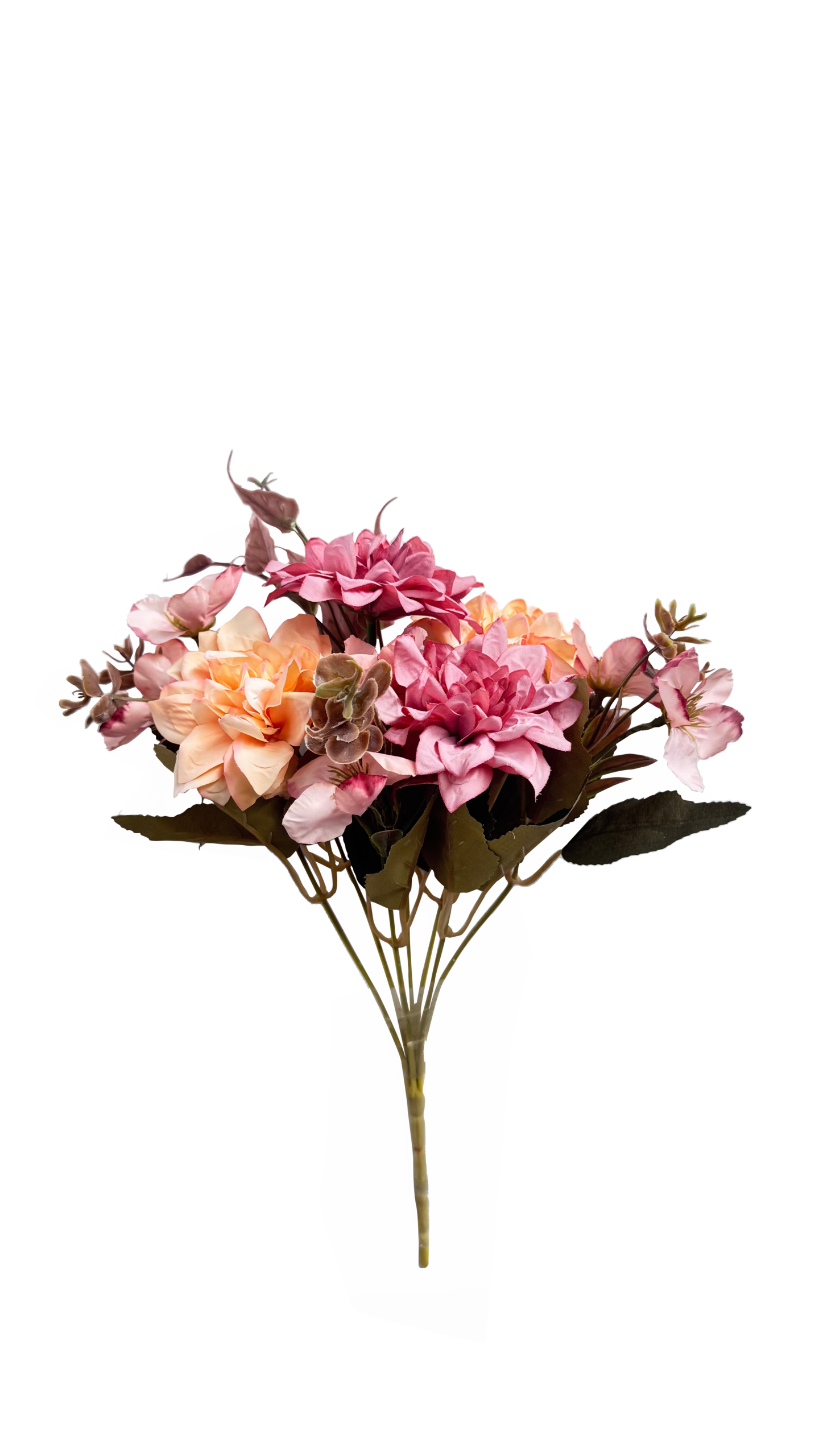 Ramo de Flores Artificiales de Crisantemos y Peonías – Tonos Coral, Rosa Viejo y Follaje Vintage
