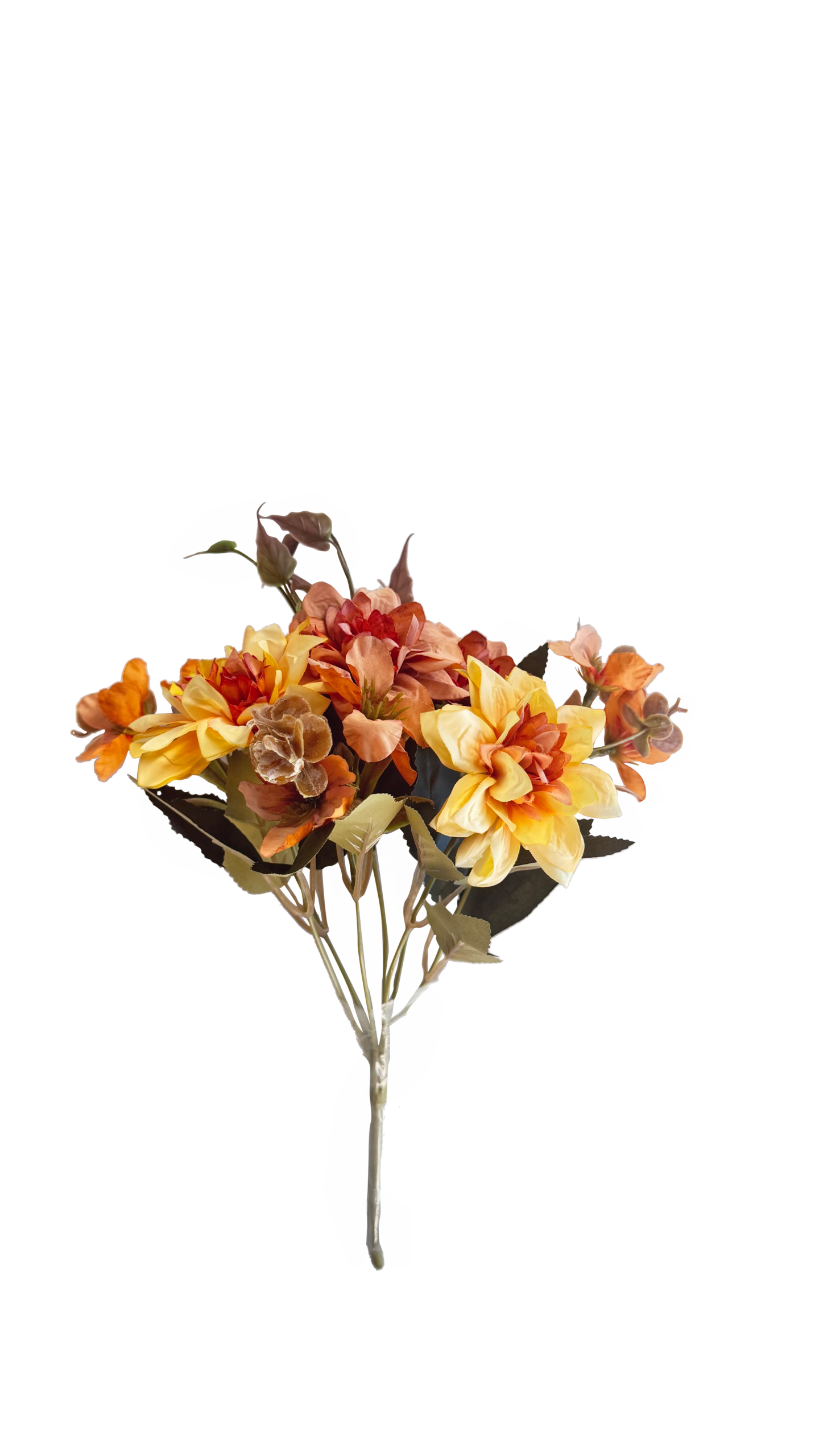 Ramo de Flores Artificiales Mixtas – Tonos Amarillos, Naranjas y Follaje Otoñal