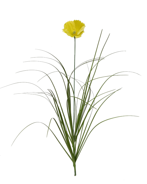 Vara Artificial de Pasto Ornamental con Flor Silvestre (Amapola / Cosmos) Premium – Elegancia Natural en Tono Verde y Amarillo Sol