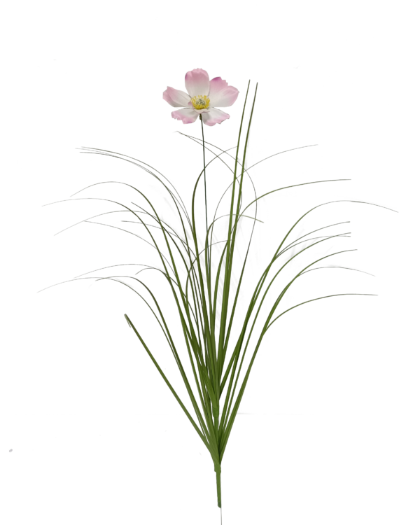 Vara Artificial de Pasto Ornamental con Flor Silvestre (Anémona / Cosmos) Premium – Elegancia Natural en Tono Verde y Rosa Delicado