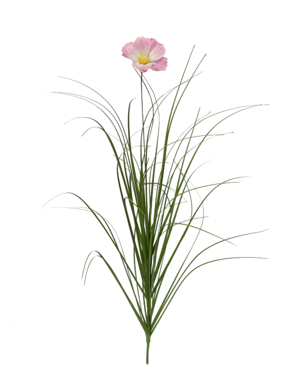 Vara Artificial de Pasto Ornamental con Flor Silvestre (Anémona / Cosmos) Premium – Elegancia Natural en Tono Verde y Rosa Delicado