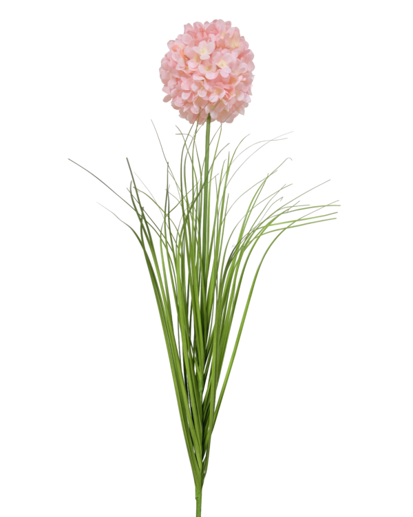 Vara Artificial de Pasto Ornamental con Hortensia / Pompón Floral Premium – Elegancia Natural en Tono Verde y Rosa Pastel