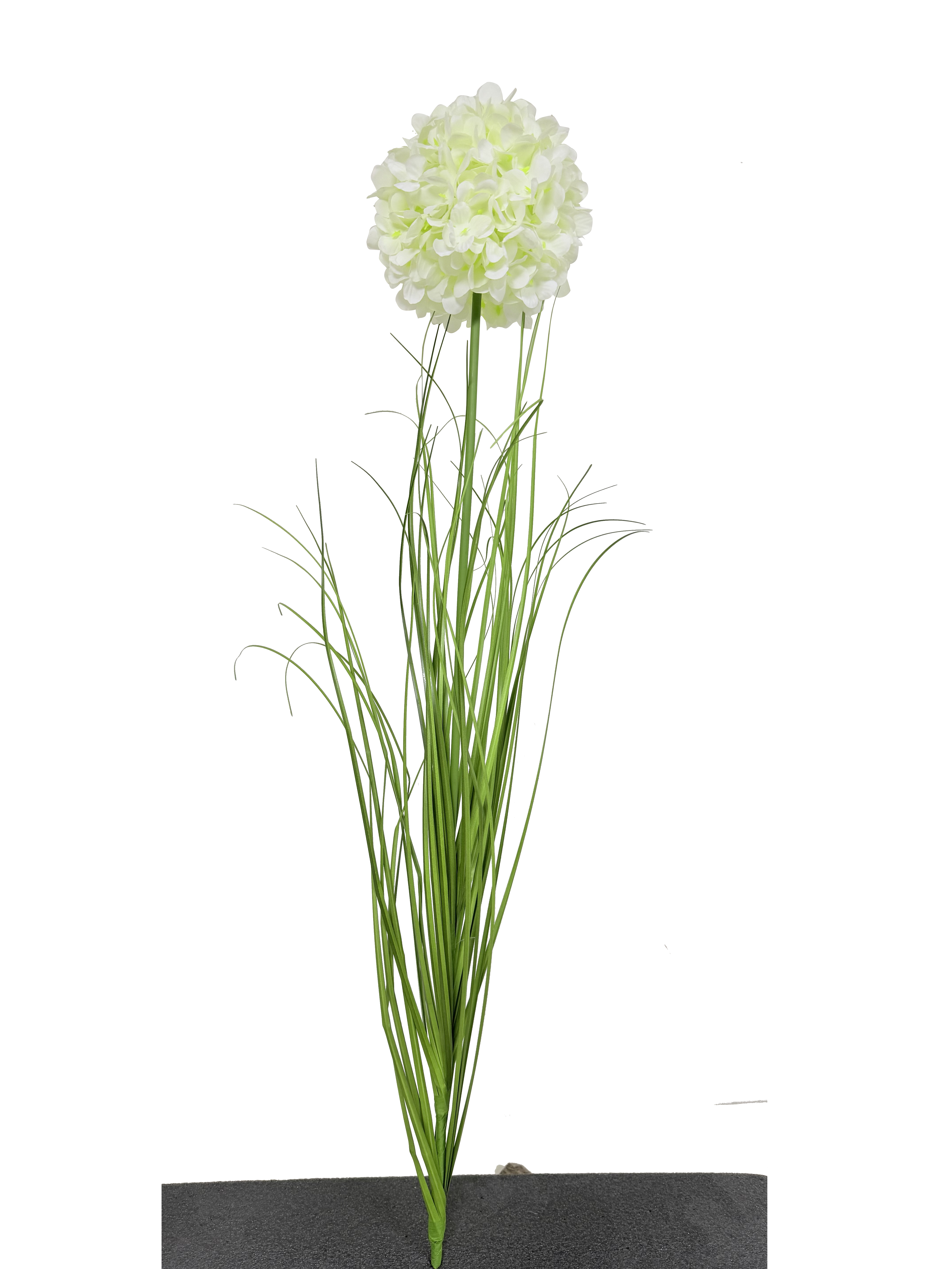 Vara Artificial de Pasto Ornamental con Hortensia / Pompón Floral Premium – Elegancia Natural en Tono Verde y Blanco Marfil