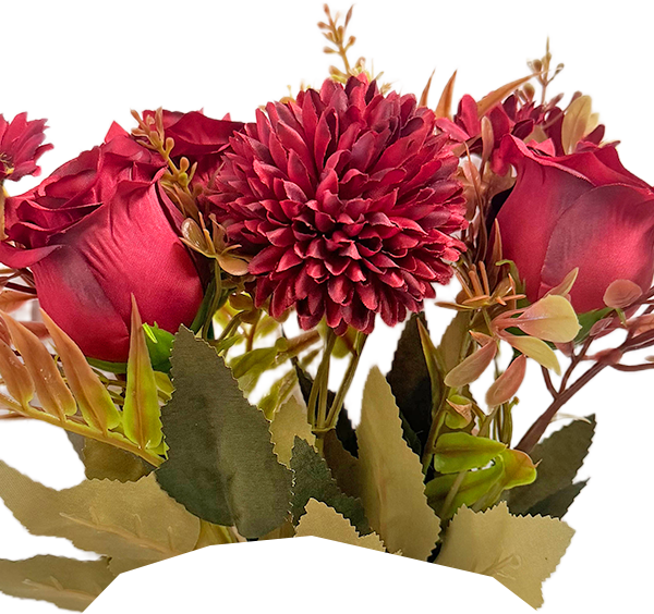 Ramo de Flores Artificiales Mixtas Premium (Crisantemo, Rosas, Margaritas) – Elegancia Floral en Tono Rojo Borgona y Vino