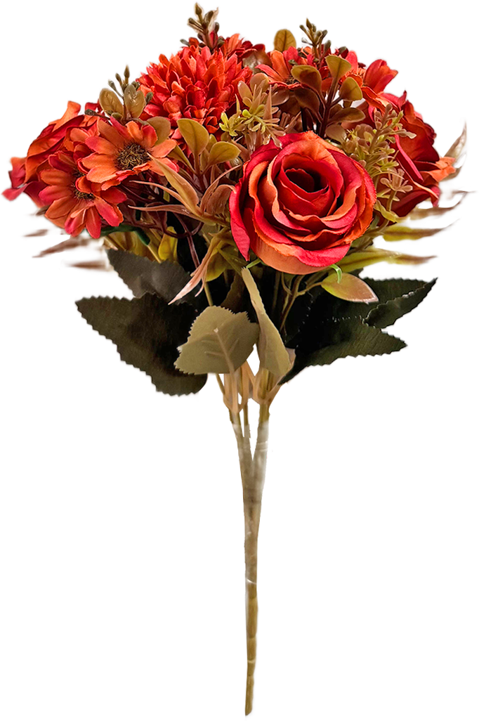 Ramo de Flores Artificiales Mixtas Premium (Rosa, Crisantemo, Margaritas) – Elegancia Floral en Tono Naranja Terracota y Rojo Cálido