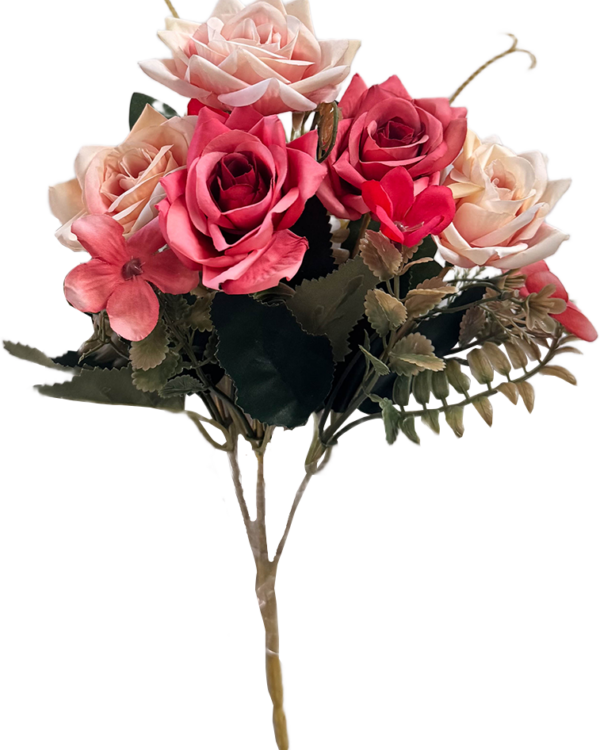 Ramo de Flores Artificiales Mixtas Premium (Rosas) – Elegancia Floral en Tono Rosa Fucsia y Rubor