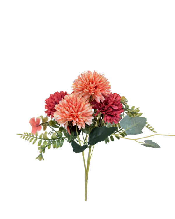 Ramo de Flores Artificiales Mixtas Premium (Crisantemos / Dalias) – Elegancia Floral en Tono Salmón y Rojo Frambuesa