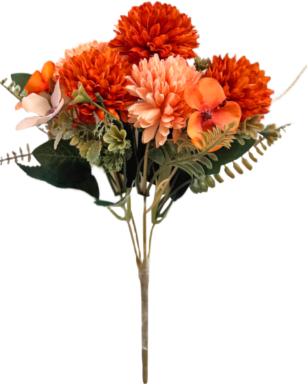Ramo de Flores Artificiales Mixtas Premium (Crisantemos / Dalias) – Elegancia Floral en Tono Naranja Terracota y Durazno