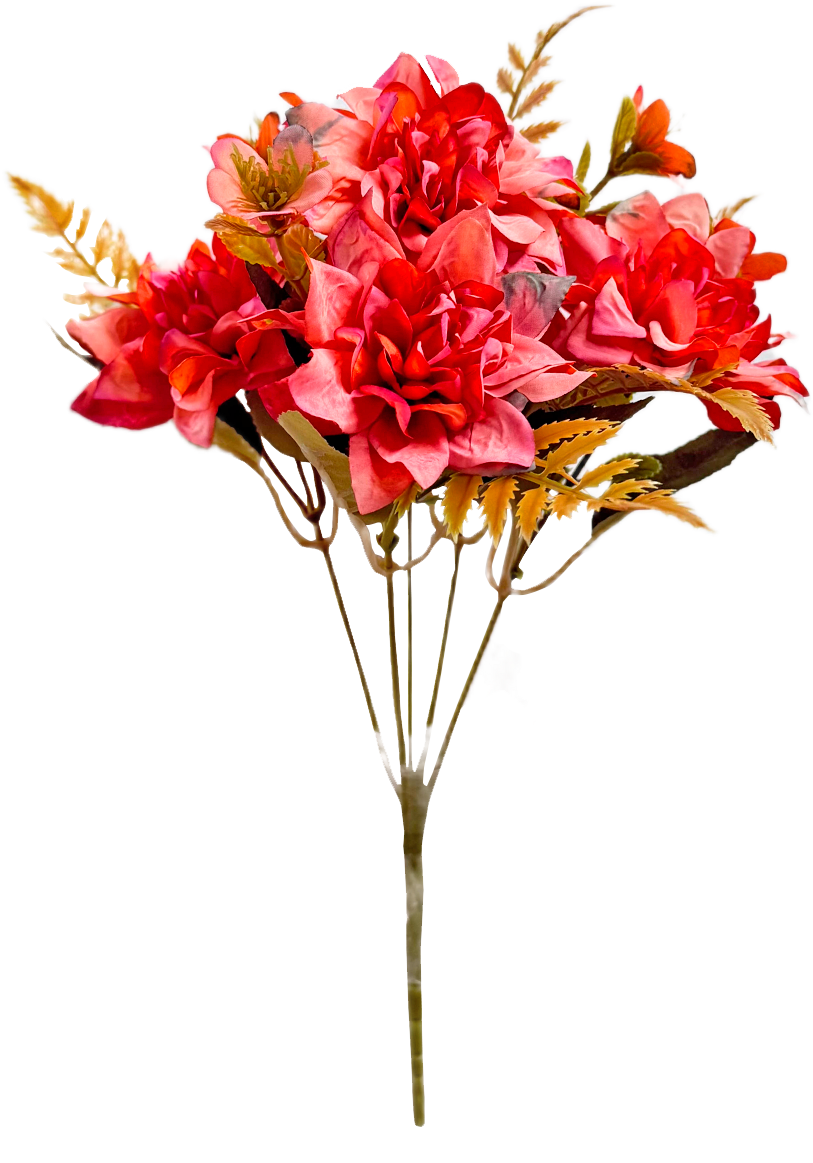Ramo de Flores Artificiales Mixtas Premium (Dalias) – Elegancia Floral en Tono Rojo Carmesí y Rosa Coral