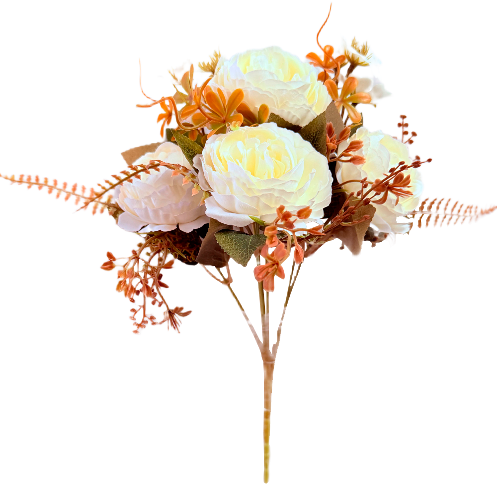 Ramo de Flores Artificiales Mixtas Premium (Peonías) – Elegancia Floral en Tono Blanco Crema y Terracota Cálido