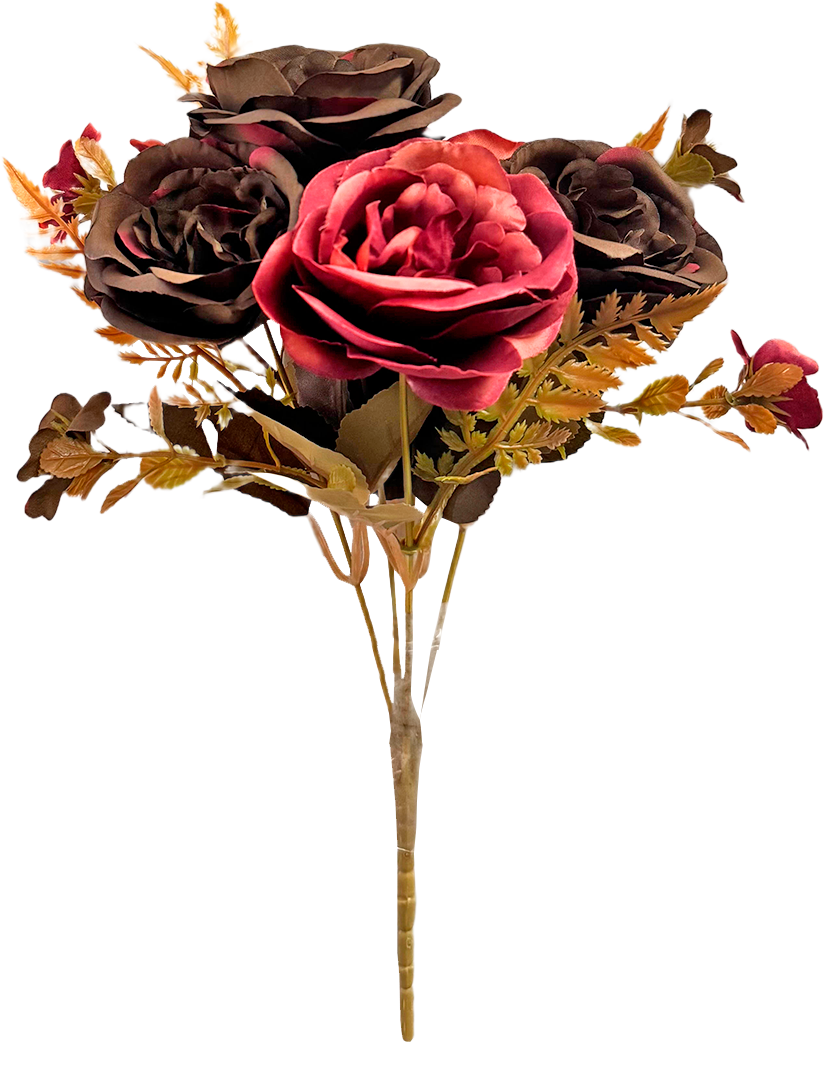 Ramo de Flores Artificiales Mixtas Premium (Rosas) – Elegancia Floral en Tono Vino Borgoña, Rojo Profundo y Café Marrón