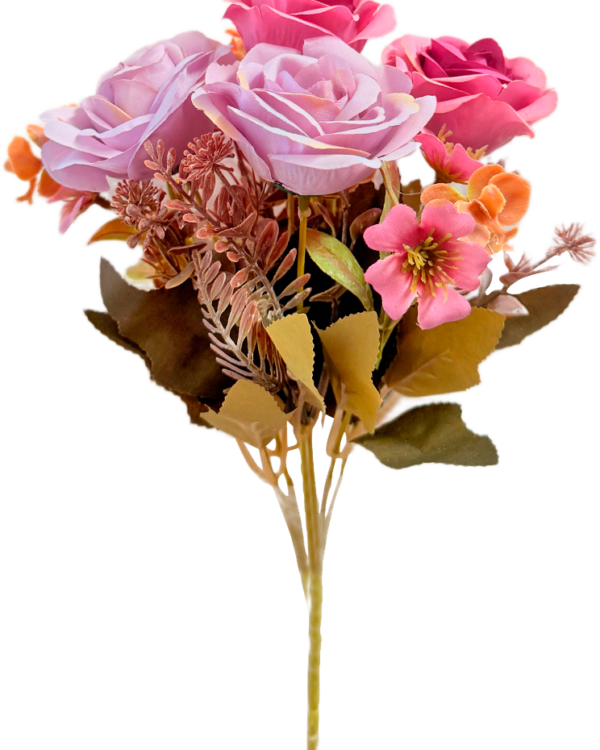 Ramo de Flores Artificiales Mixtas Premium (Rosas) – Elegancia Floral en Tono Lila, Rosa Chicle y Magenta