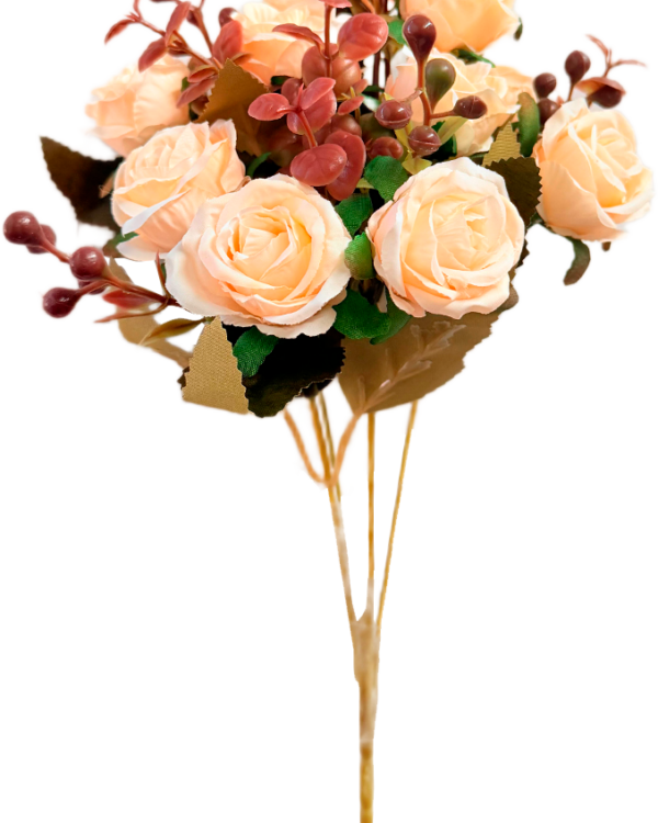 Ramo de Flores Artificiales Mixtas Premium (Rosas) – Elegancia Floral en Tono Melocotón Suave, Marfil y Rosa Pastel con Bayas