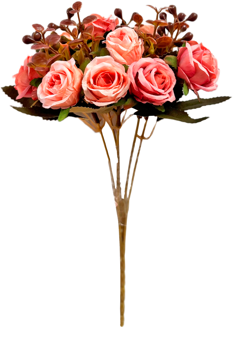Ramo de Flores Artificiales Mixtas Premium (Rosas) – Elegancia Floral en Tono Rosa Coral, Salmón y Rosa Pastel con Bayas