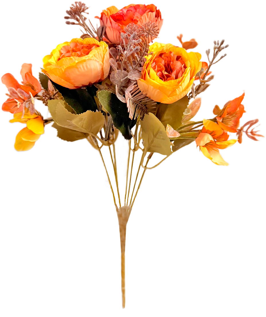 Ramo de Flores Artificiales Mixtas Premium (Peonías, Rosas) – Elegancia Floral en Tono Amarillo Sol, Naranja Cálido y Terracota