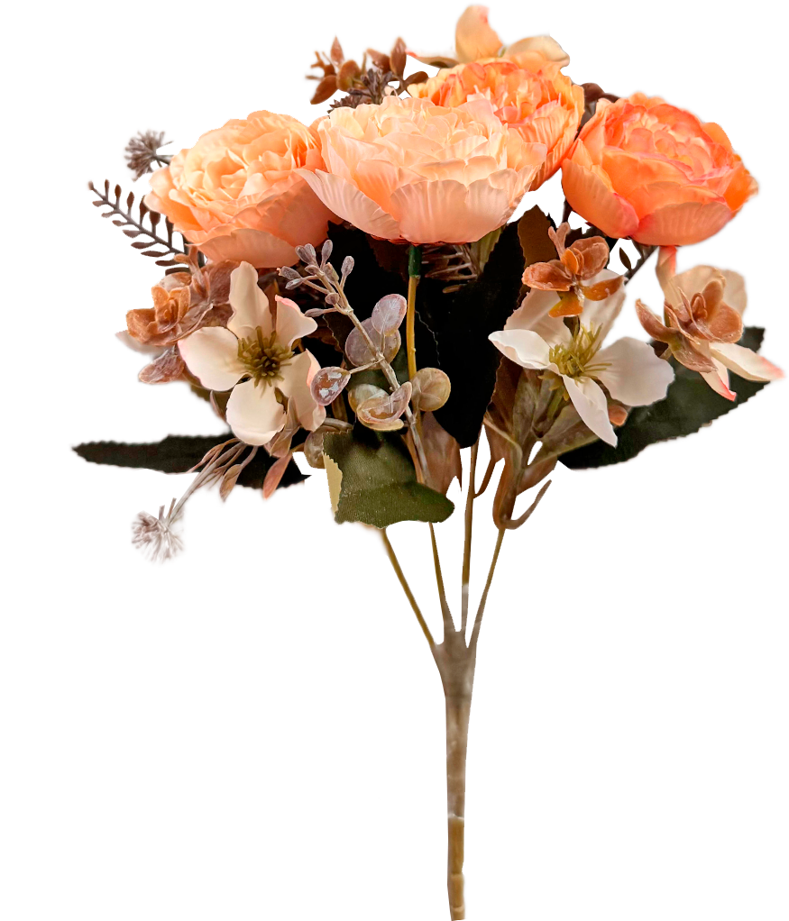 Ramo de Flores Artificiales Mixtas Premium (Rosas, Peonías y Eucalipto) – Elegancia Floral en Tono Melocotón Coral, Crema y Rosa Suave
