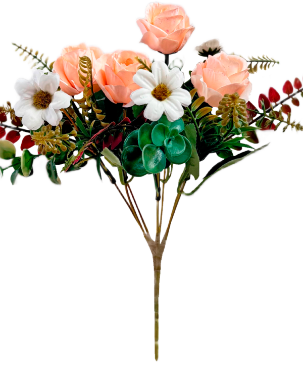 Ramo de Flores Artificiales Mixtas Premium (Rosas, Margaritas y Suculentas) – Elegancia Floral en Tono Rosa Melocotón, Blanco y Verde Natural