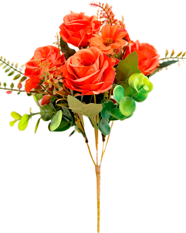 Ramo de Flores Artificiales Mixtas Premium (Rosas, Margaritas y Eucalipto) – Elegancia Floral en Tono Naranja Anaranjado, Coral y Verde Falso