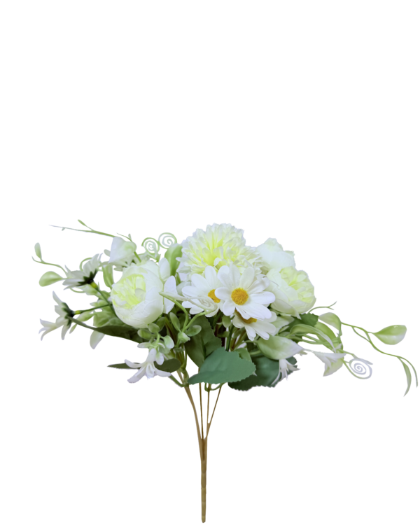 Ramo de Flores Artificiales Mixtas Premium (Crisantemos, Margaritas y Peonías) – Elegancia Floral en Tono Blanco Marfil, Crema y Verde Claro