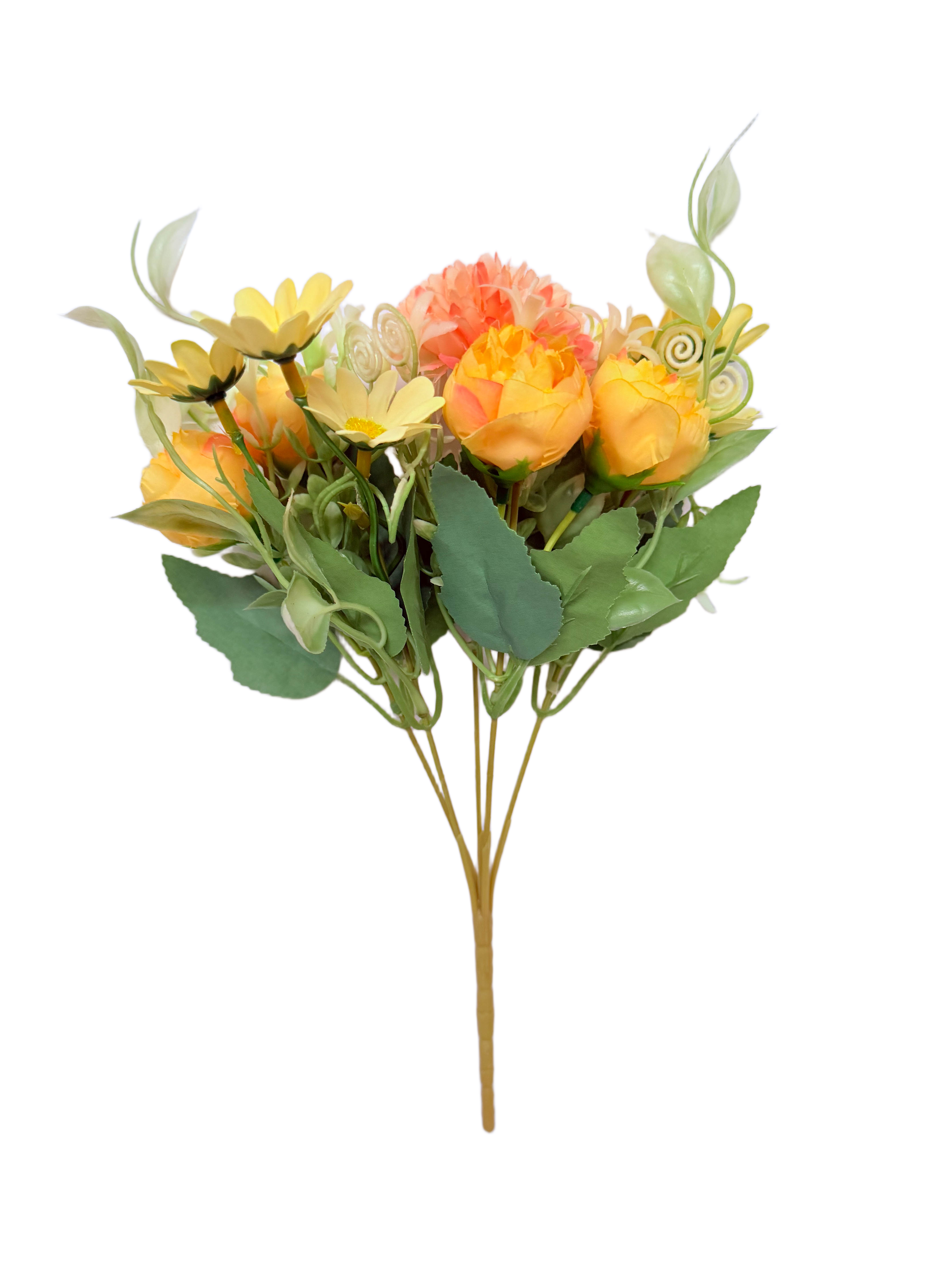 Ramo de Flores Artificiales Mixtas Premium (Rosas, Margaritas y Peonías) – Elegancia Floral en Tono Amarillo Dorado, Naranja Melocotón y Crema