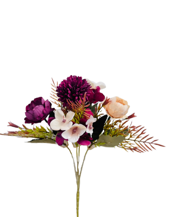 Ramo de Flores Artificiales Mixtas Premium (Crisantemo, Rosas y Dalias) – Elegancia Floral en Tono Púrpura Profundo, Berenjena y Crema Melocotón