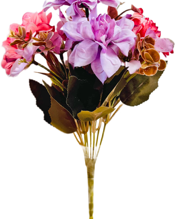 Ramo de Flores Artificiales Mixtas Premium (Crisantemo, Rosas y Dalias) – Elegancia Floral en Tono Púrpura Profundo, Berenjena y Crema Melocotón