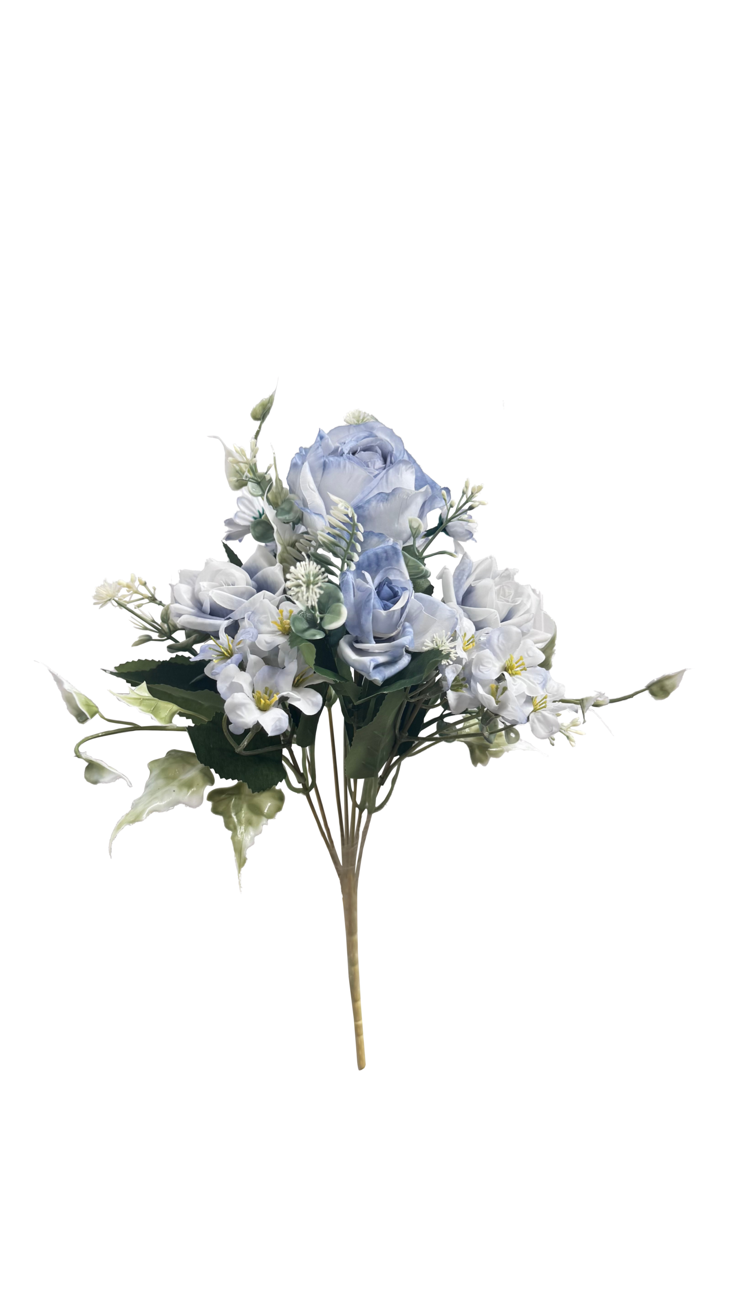Ramo de Flores Artificiales Mixtas Premium (Rosas, Margaritas y Lirios) – Elegancia Floral en Tono Azul Polvoriento, Celeste y Blanco Marfil con Follaje Silvestre