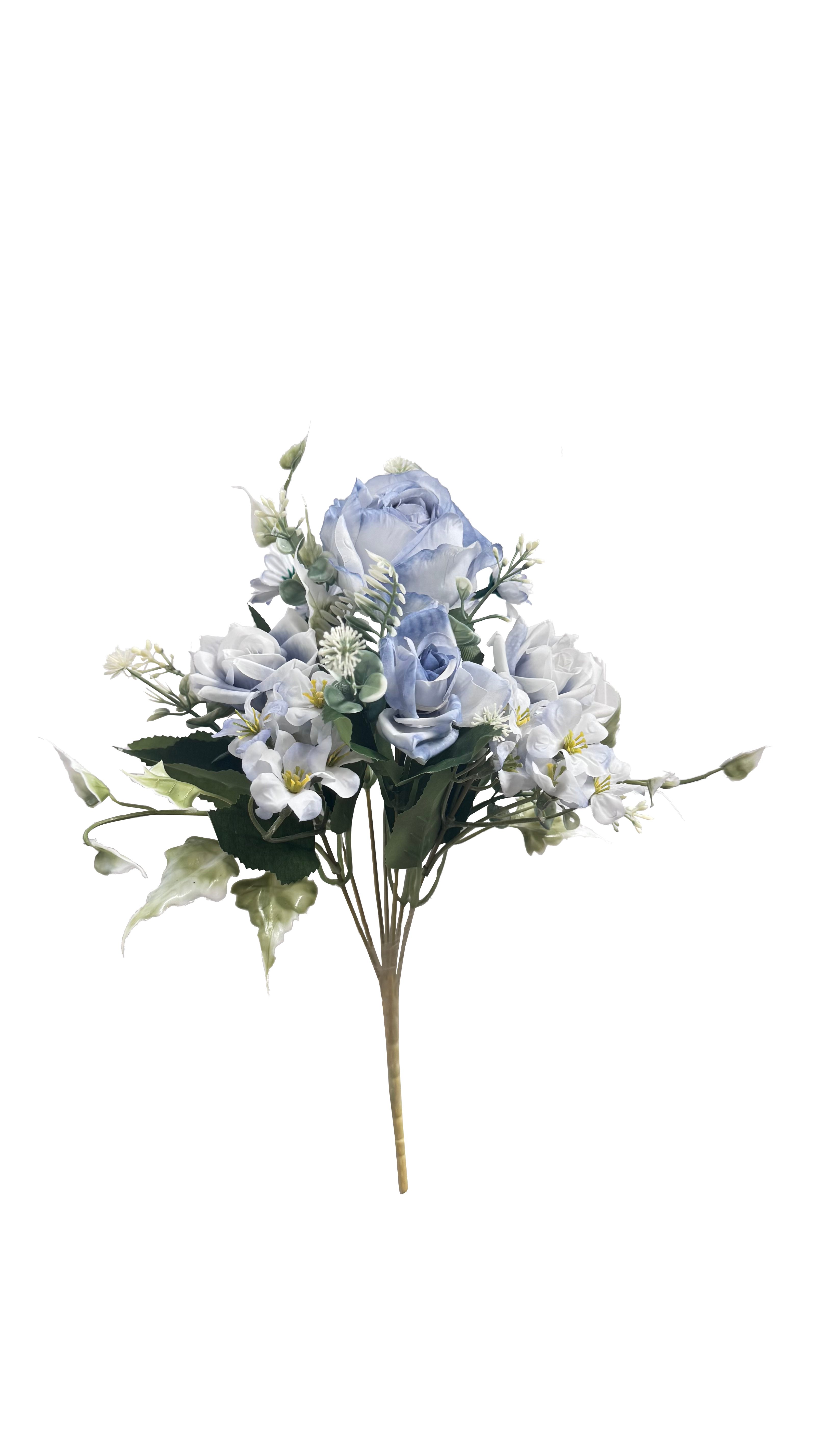 Ramo de Flores Artificiales Mixtas Premium (Rosas, Margaritas y Lirios) – Elegancia Floral en Tono Azul Polvoriento, Celeste y Blanco Marfil con Follaje Silvestre