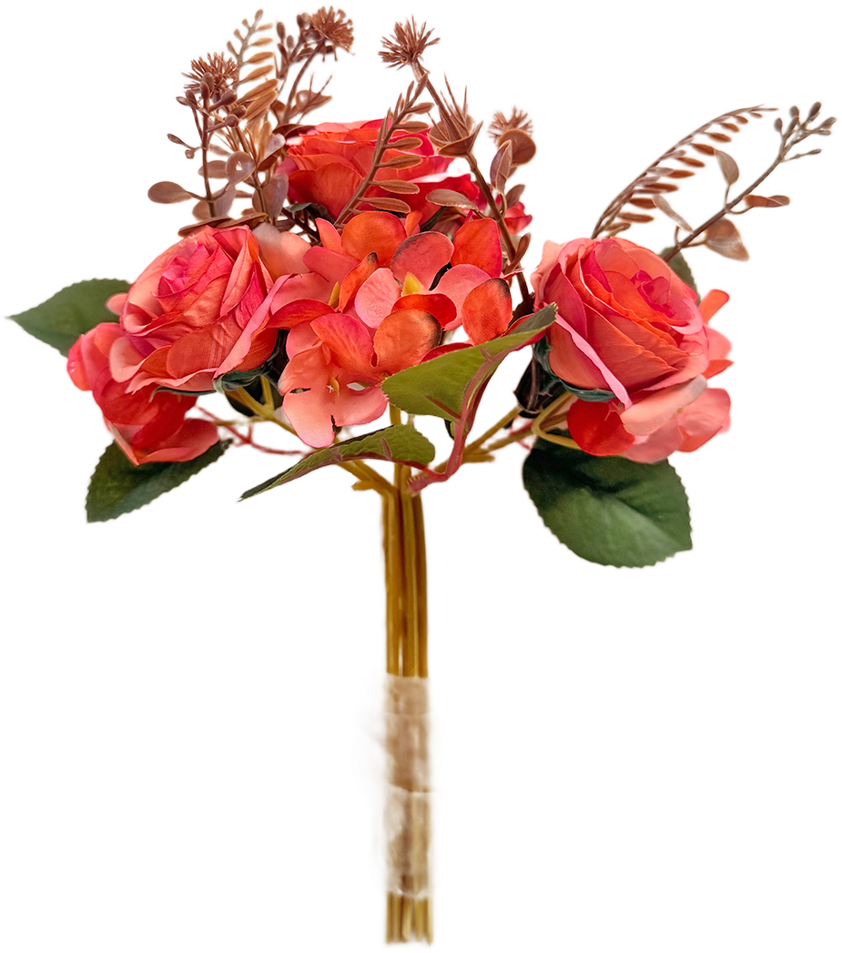 Ramo de Flores Artificiales Mixtas Premium (Rosas y Hortensias) – Elegancia Floral en Tono Rojo Coral, Salmón e Terracota