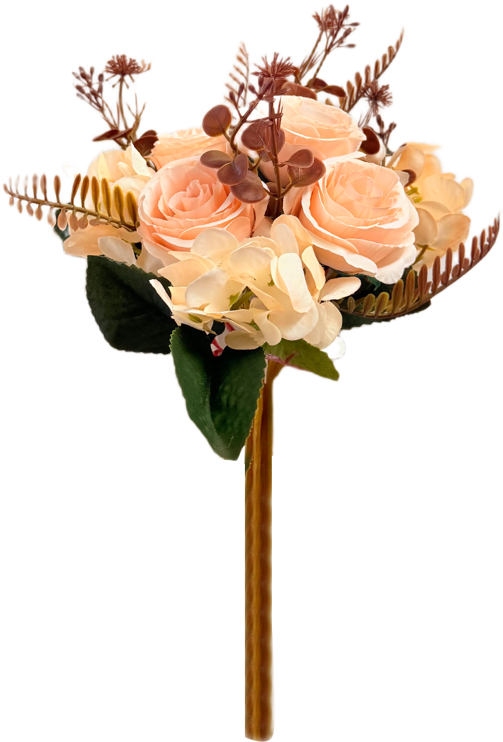Ramo de Flores Artificiales Mixtas Premium (Rosas y Hortensias) – Elegancia Floral en Tono Champán, Salmón Suave y Terracota