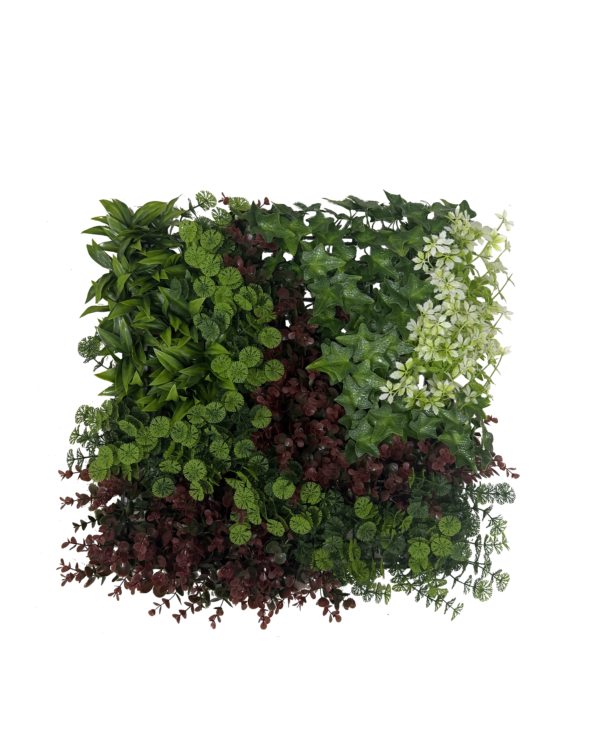 Panel de Jardín Vertical Artificial Premium – Elegancia Botánica en Verde Frondoso, Borgoña Vinoso y Acentos Blanco Crema