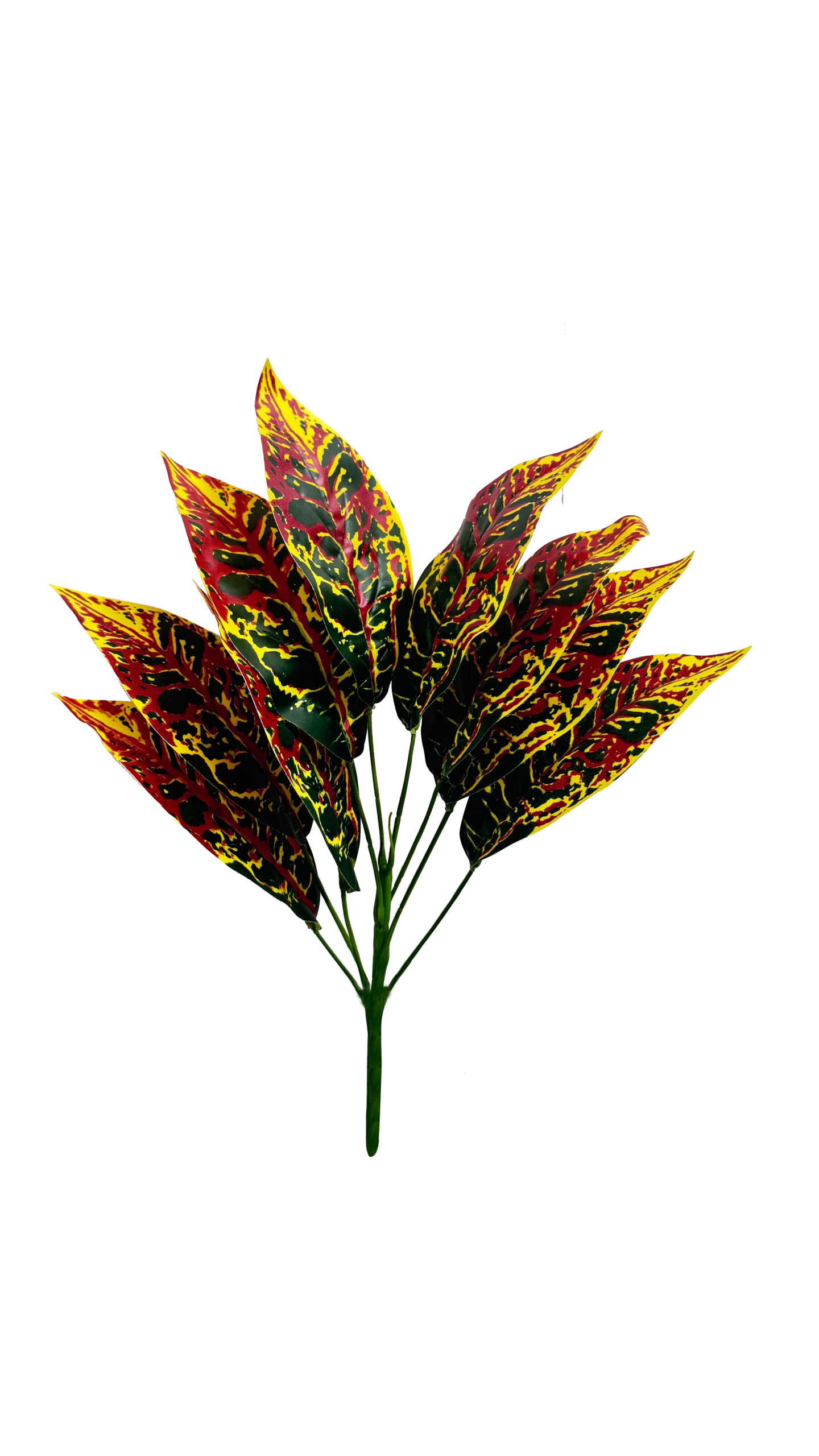 Planta de Croton Artificial Premium – Elegancia Botánica en Rojo Carmesí, Amarillo Vibrante y Verde Oscuro Veteado