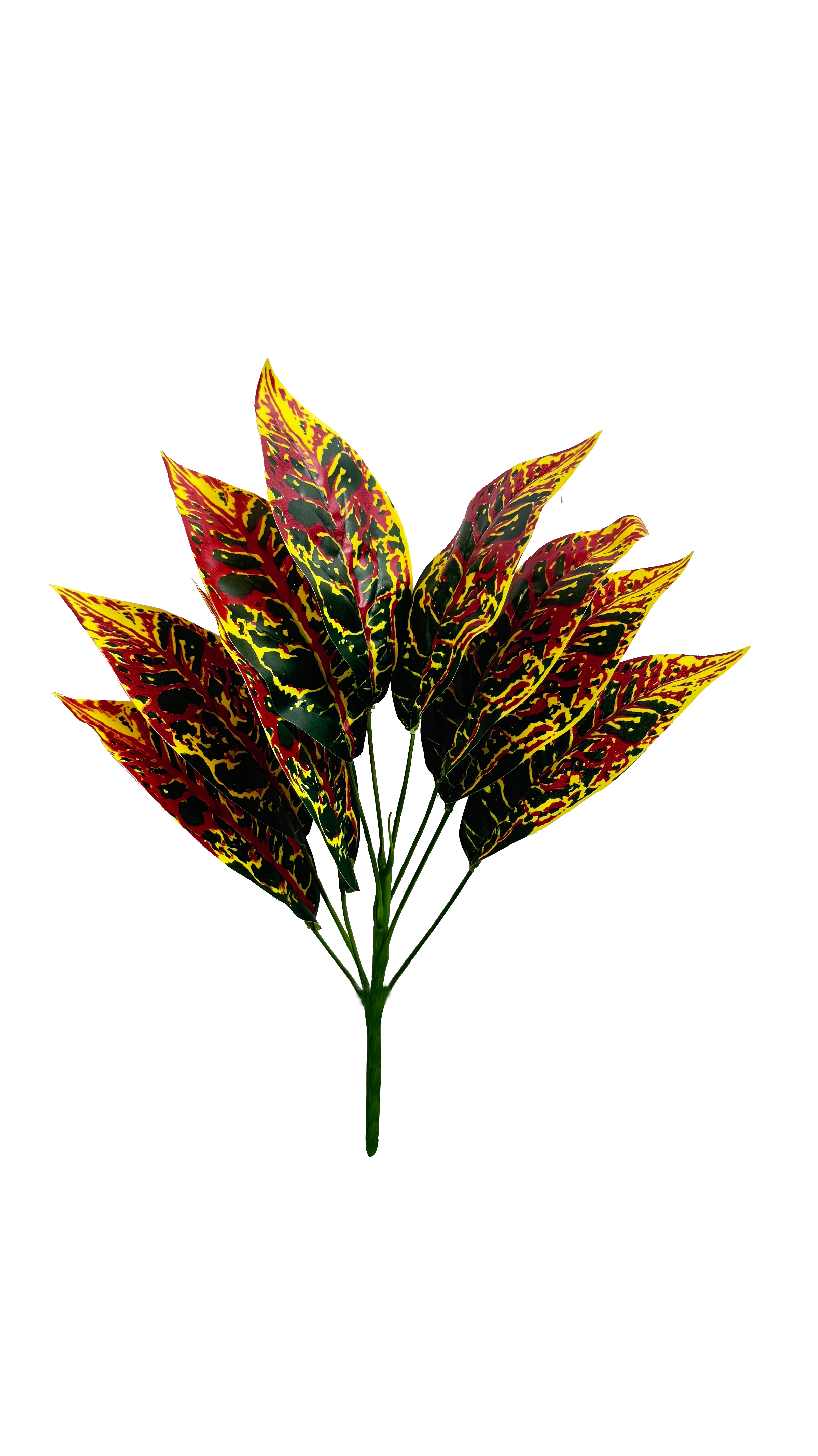 Planta de Croton Artificial Premium – Elegancia Botánica en Rojo Carmesí, Amarillo Vibrante y Verde Oscuro Veteado